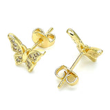 Oro Laminado Stud Earring, Gold Filled Style Butterfly Design, with White Micro Pave, Polished, Golden Finish