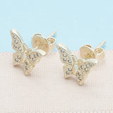Oro Laminado Stud Earring, Gold Filled Style Butterfly Design, with White Micro Pave, Polished, Golden Finish
