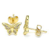 Oro Laminado Stud Earring, Gold Filled Style Butterfly Design, with White Micro Pave, Polished, Golden Finish