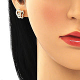 Oro Laminado Stud Earring, Gold Filled Style Butterfly Design, with White Micro Pave, Polished, Golden Finish