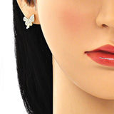 Oro Laminado Stud Earring, Gold Filled Style Butterfly Design, with White Micro Pave, Polished, Golden Finish