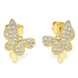 Oro Laminado Stud Earring, Gold Filled Style Butterfly Design, with White Micro Pave, Polished, Golden Finish
