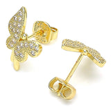 Oro Laminado Stud Earring, Gold Filled Style Butterfly Design, with White Micro Pave, Polished, Golden Finish