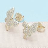 Oro Laminado Stud Earring, Gold Filled Style Butterfly Design, with White Micro Pave, Polished, Golden Finish