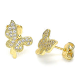 Oro Laminado Stud Earring, Gold Filled Style Butterfly Design, with White Micro Pave, Polished, Golden Finish