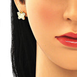 Oro Laminado Stud Earring, Gold Filled Style Butterfly Design, with White Micro Pave, Polished, Golden Finish