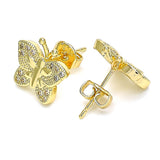 Oro Laminado Stud Earring, Gold Filled Style Butterfly Design, with White Micro Pave, Polished, Golden Finish
