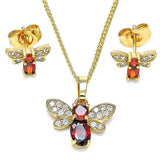 Oro Laminado Earring and Pendant Adult Set, Gold Filled Style Bee Design, with Garnet Cubic Zirconia and White Micro Pave, Polished, Golden Finish