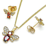 Oro Laminado Earring and Pendant Adult Set, Gold Filled Style Bee Design, with Garnet Cubic Zirconia and White Micro Pave, Polished, Golden Finish