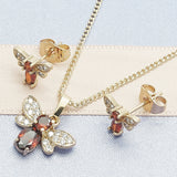 Oro Laminado Earring and Pendant Adult Set, Gold Filled Style Bee Design, with Garnet Cubic Zirconia and White Micro Pave, Polished, Golden Finish