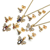 Oro Laminado Earring and Pendant Adult Set, Gold Filled Style Bee Design, with Garnet Cubic Zirconia and White Micro Pave, Polished, Golden Finish