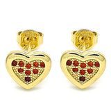 Oro Laminado Stud Earring, Gold Filled Style Heart Design, with Garnet Micro Pave, Polished, Golden Finish