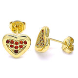 Oro Laminado Stud Earring, Gold Filled Style Heart Design, with Garnet Micro Pave, Polished, Golden Finish