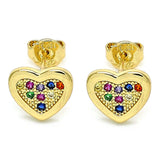 Oro Laminado Stud Earring, Gold Filled Style Heart Design, with Multicolor Micro Pave, Polished, Golden Finish