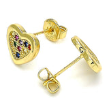 Oro Laminado Stud Earring, Gold Filled Style Heart Design, with Multicolor Micro Pave, Polished, Golden Finish