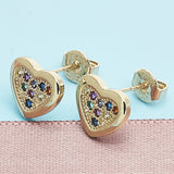Oro Laminado Stud Earring, Gold Filled Style Heart Design, with Multicolor Micro Pave, Polished, Golden Finish
