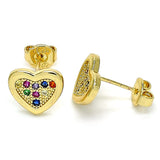Oro Laminado Stud Earring, Gold Filled Style Heart Design, with Multicolor Micro Pave, Polished, Golden Finish