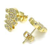 Oro Laminado Stud Earring, Gold Filled Style Little Girl Design, with White Micro Pave, Polished, Golden Finish