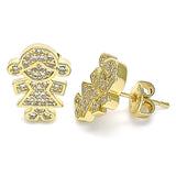 Oro Laminado Stud Earring, Gold Filled Style Little Girl Design, with White Micro Pave, Polished, Golden Finish