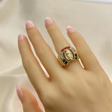 Oro Laminado Mens Ring, Gold Filled Style Guadalupe Design, with Multicolor Crystal, Polished, Golden Finish