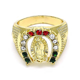 Oro Laminado Mens Ring, Gold Filled Style Guadalupe Design, with Multicolor Crystal, Polished, Golden Finish