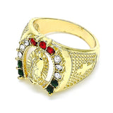 Oro Laminado Mens Ring, Gold Filled Style Guadalupe Design, with Multicolor Crystal, Polished, Golden Finish