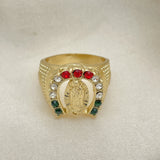 Oro Laminado Mens Ring, Gold Filled Style Guadalupe Design, with Multicolor Crystal, Polished, Golden Finish