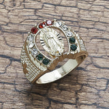 Oro Laminado Mens Ring, Gold Filled Style Guadalupe Design, with Multicolor Crystal, Polished, Golden Finish
