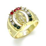 Oro Laminado Mens Ring, Gold Filled Style Guadalupe Design, with Multicolor Crystal, Polished, Golden Finish