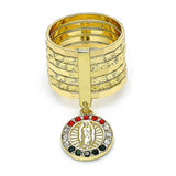 Oro Laminado Multi Stone Ring, Gold Filled Style Semanario and Guadalupe Design, with Multicolor Crystal, Diamond Cutting Finish, Golden Finish