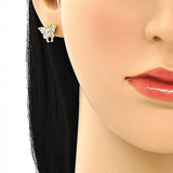 Oro Laminado Stud Earring, Gold Filled Style Butterfly Design, with White Micro Pave, Polished, Golden Finish