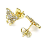 Oro Laminado Stud Earring, Gold Filled Style Butterfly Design, with White Micro Pave, Polished, Golden Finish