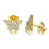 Oro Laminado Stud Earring, Gold Filled Style Butterfly Design, with White Micro Pave, Polished, Golden Finish