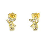 Oro Laminado Stud Earring, Gold Filled Style Teddy Bear Design, with White Micro Pave, Polished, Golden Finish