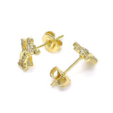 Oro Laminado Stud Earring, Gold Filled Style Teddy Bear Design, with White Micro Pave, Polished, Golden Finish