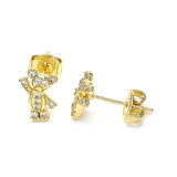 Oro Laminado Stud Earring, Gold Filled Style Teddy Bear Design, with White Micro Pave, Polished, Golden Finish