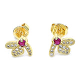 Oro Laminado Stud Earring, Gold Filled Style Dragon-Fly Design, with Ruby Cubic Zirconia and White Micro Pave, Polished, Golden Finish
