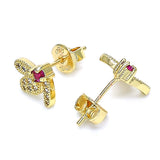 Oro Laminado Stud Earring, Gold Filled Style Dragon-Fly Design, with Ruby Cubic Zirconia and White Micro Pave, Polished, Golden Finish