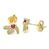 Oro Laminado Stud Earring, Gold Filled Style Dragon-Fly Design, with Ruby Cubic Zirconia and White Micro Pave, Polished, Golden Finish