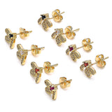 Oro Laminado Stud Earring, Gold Filled Style Dragon-Fly Design, with Ruby Cubic Zirconia and White Micro Pave, Polished, Golden Finish