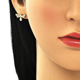 Oro Laminado Stud Earring, Gold Filled Style Bee Design, with White Micro Pave, Polished, Golden Finish