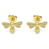 Oro Laminado Stud Earring, Gold Filled Style Bee Design, with White Micro Pave, Polished, Golden Finish