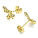 Oro Laminado Stud Earring, Gold Filled Style Bee Design, with White Micro Pave, Polished, Golden Finish