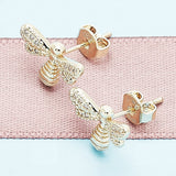 Oro Laminado Stud Earring, Gold Filled Style Bee Design, with White Micro Pave, Polished, Golden Finish