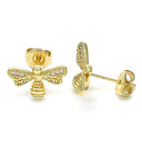 Oro Laminado Stud Earring, Gold Filled Style Bee Design, with White Micro Pave, Polished, Golden Finish