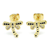 Oro Laminado Stud Earring, Gold Filled Style Dragon-Fly Design, with Black and White Micro Pave, Polished, Golden Finish