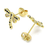Oro Laminado Stud Earring, Gold Filled Style Dragon-Fly Design, with Black and White Micro Pave, Polished, Golden Finish