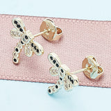 Oro Laminado Stud Earring, Gold Filled Style Dragon-Fly Design, with Black and White Micro Pave, Polished, Golden Finish