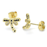 Oro Laminado Stud Earring, Gold Filled Style Dragon-Fly Design, with Black and White Micro Pave, Polished, Golden Finish