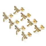 Oro Laminado Stud Earring, Gold Filled Style Dragon-Fly Design, with Black and White Micro Pave, Polished, Golden Finish